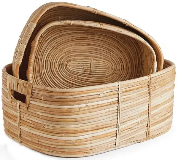 Calle Coastal Beach Brown Woven Rattan Rectangular Baskets - Set of 3