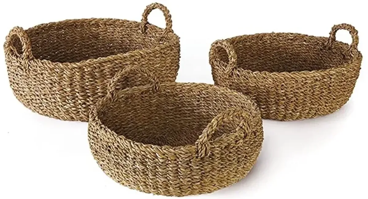 Zuri Coastal Beach Brown Woven Rattan Shallow Baskets - Set of 3