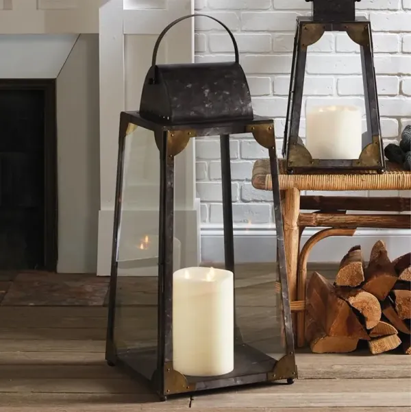 Maddy Mid Century Clear Glass Grey Galvanized Metal Lantern Candleholder - Large