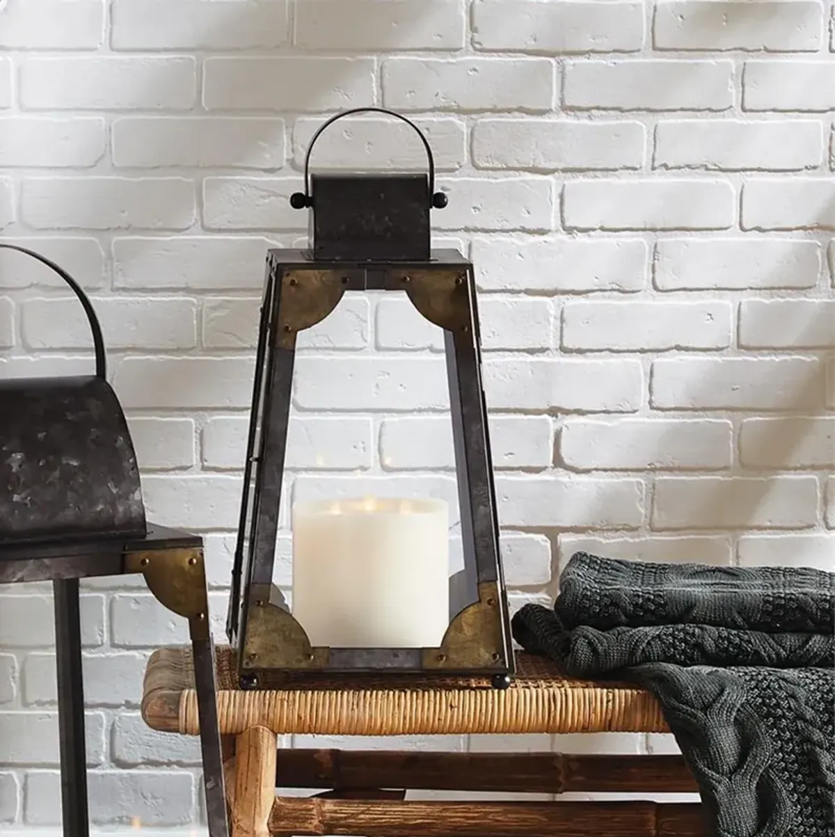 Maddy Mid Century Clear Glass Grey Galvanized Metal Lantern Candleholder - Small