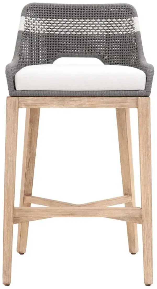 Theodore Coastal Beach Grey Woven White Upholstered Brown Mahogany Wood Frame Bar Stool