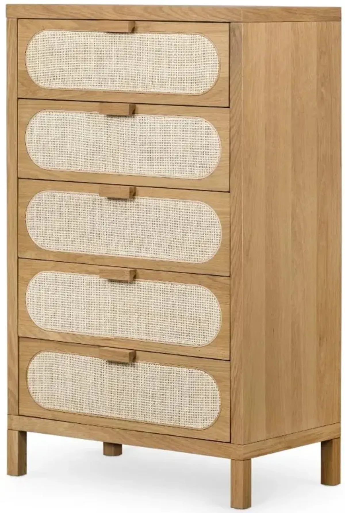 Allie Coastal Brown Oak Light Wood Beige Cane 5 Drawer Dresser