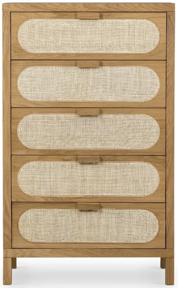 Allie Coastal Brown Oak Light Wood Beige Cane 5 Drawer Dresser