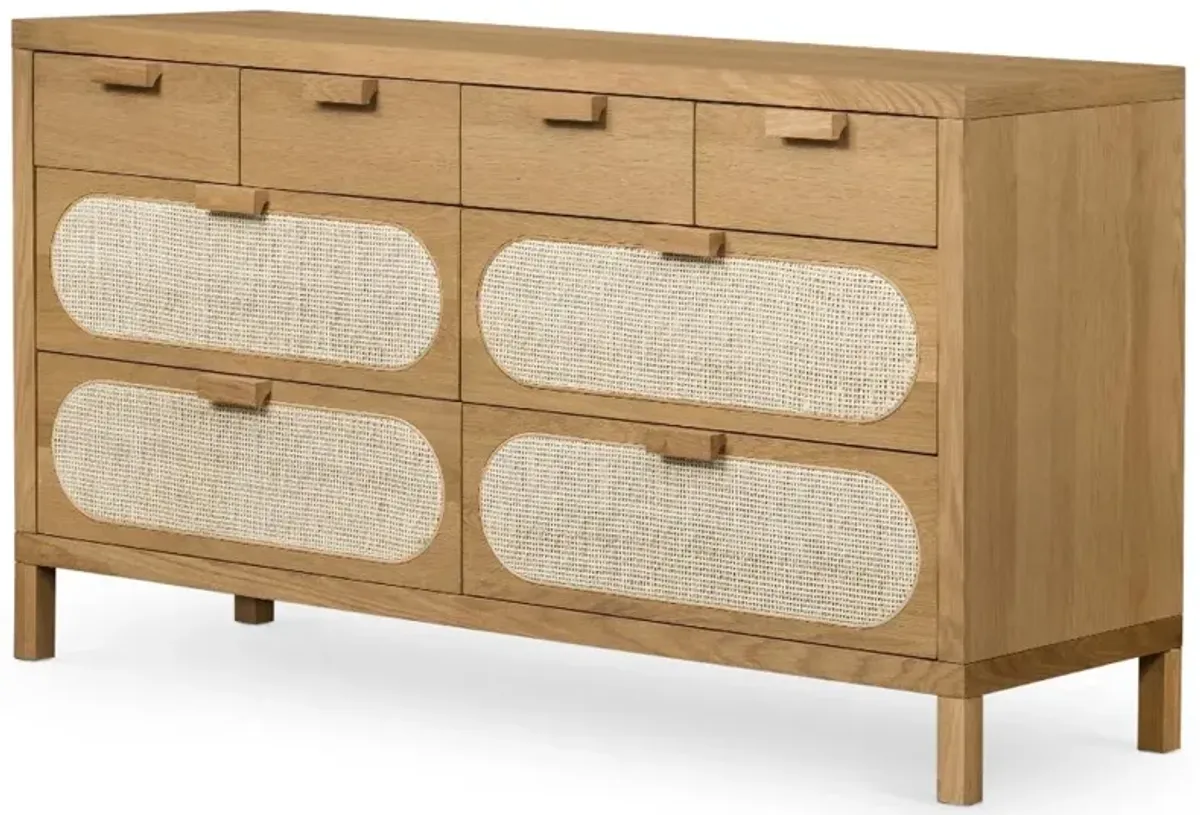 Allie Coastal Brown Oak Light Wood 8 Drawer Beige Cane Dresser