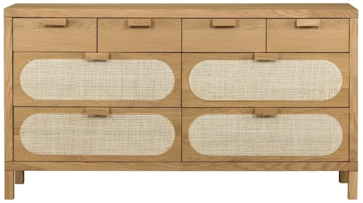 Allie Coastal Brown Oak Light Wood 8 Drawer Beige Cane Dresser