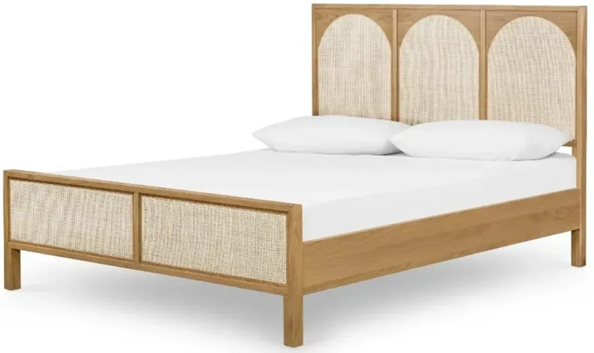 Allie Coastal Light Brown Oak Wood Natural Woven Cane Classic Bed - King