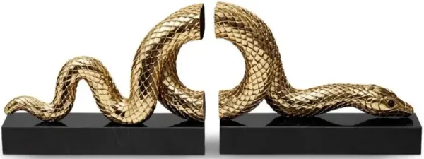 L'Objet Snake Hollywood Regency Gold Plated Marble Base 2 Piece Bookend Set