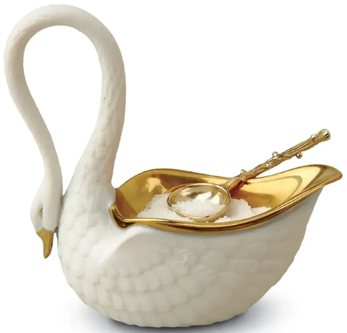 L'Objet Swan Modern Classic White Porcelain Gold Accent Salt Cellar