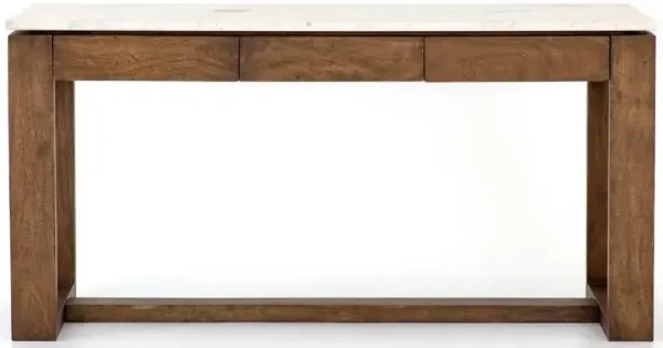 Tony Modern White Marble Tabletop Brown Acacia Wood 6 Drawer Kitchen Island