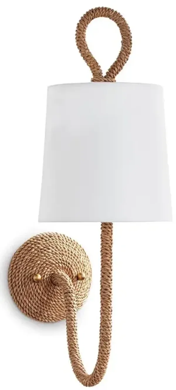Bimini Brown Rattan White Linen Shade Armed Sconce