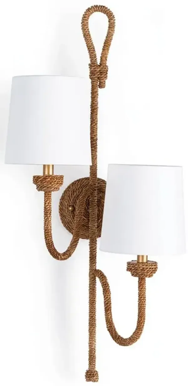 Bimini Rattan White Linen Shade Double Armed Sconce