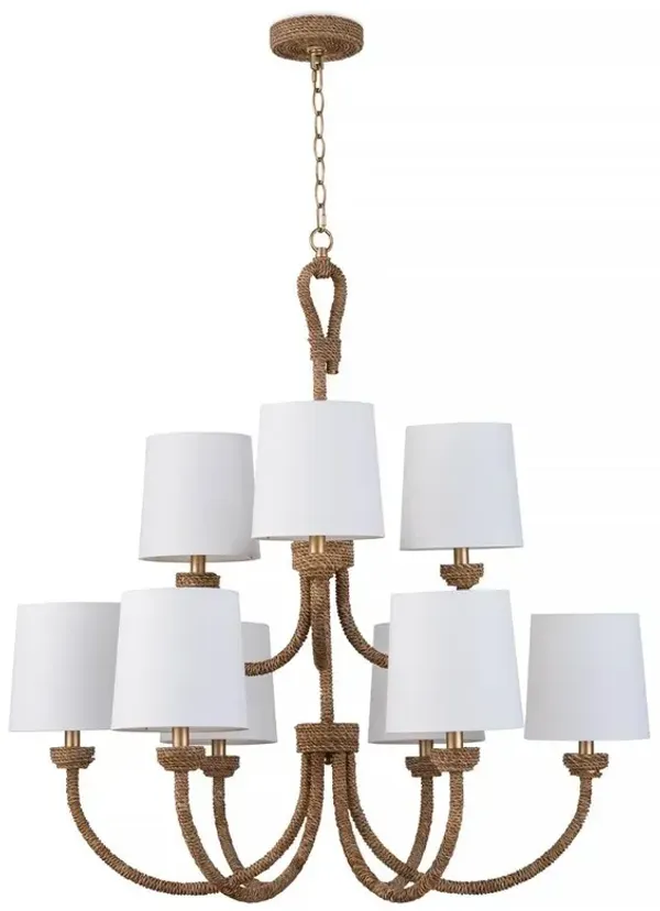 Bimini Brown Rattan White Linen Shade Chandelier - Large
