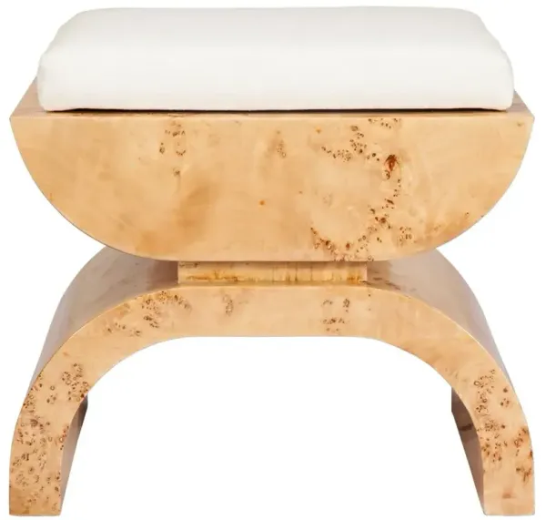 Worlds Away Biggs Modern White Upholstered Cushion Glossy Brown Burl Wood Stool