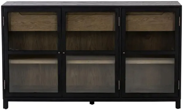 Clarence Rustic Lodge Matte Black Oak Wood Clear Glass 3 Door Sideboard