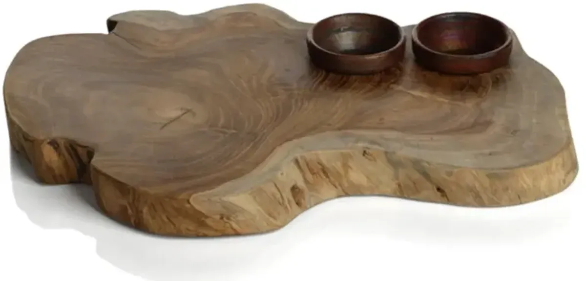 Greg Rustic Lodge Natural Brown Teak Serving Board with Condiment Bowls