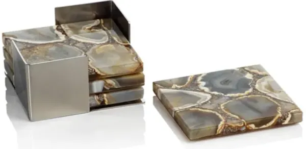 Zoey Modern Classic Brown Agate Stone 4 Piece Coasters with Steel Tray