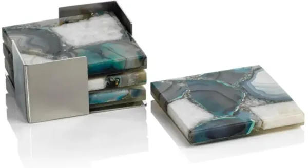 Zoey Modern Classic Green Agate Stone 4 Piece Coasters with Steel Tray
