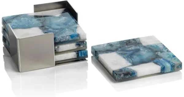 Zoey Modern Classic Blue Agate Stone 4 Piece Coasters with Steel Tray