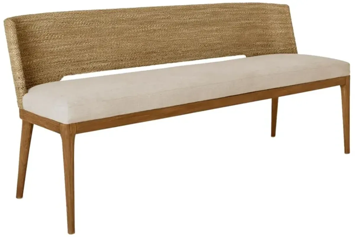 Adelyn Coastal Beach Beige Performance Brown Teak Wood Woven Back Bench