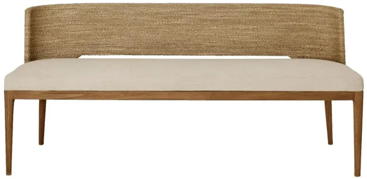 Adelyn Coastal Beach Beige Performance Brown Teak Wood Woven Back Bench