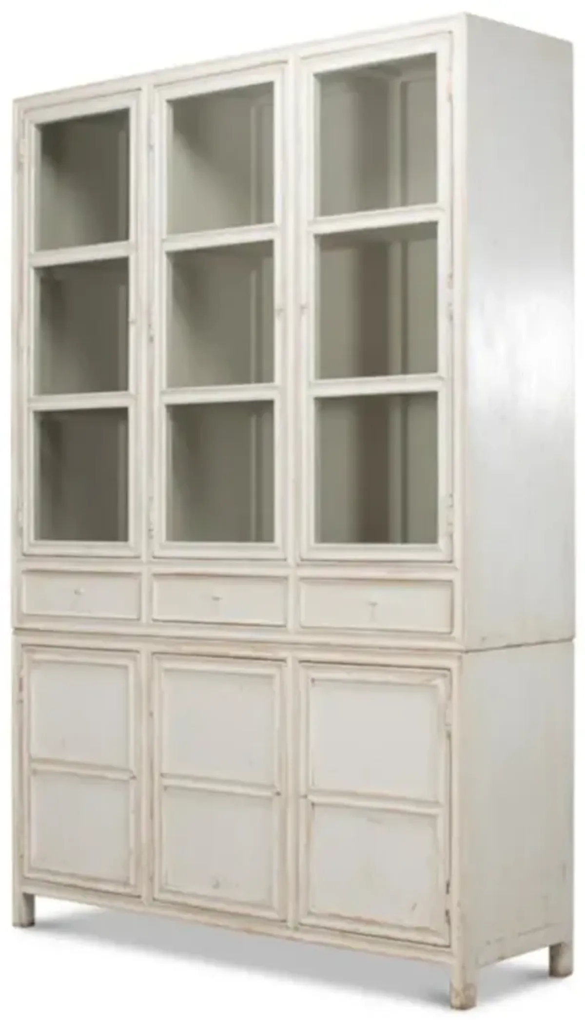 Amore French Country Distressed Clear Glass Door White Pine Wood Display Case
