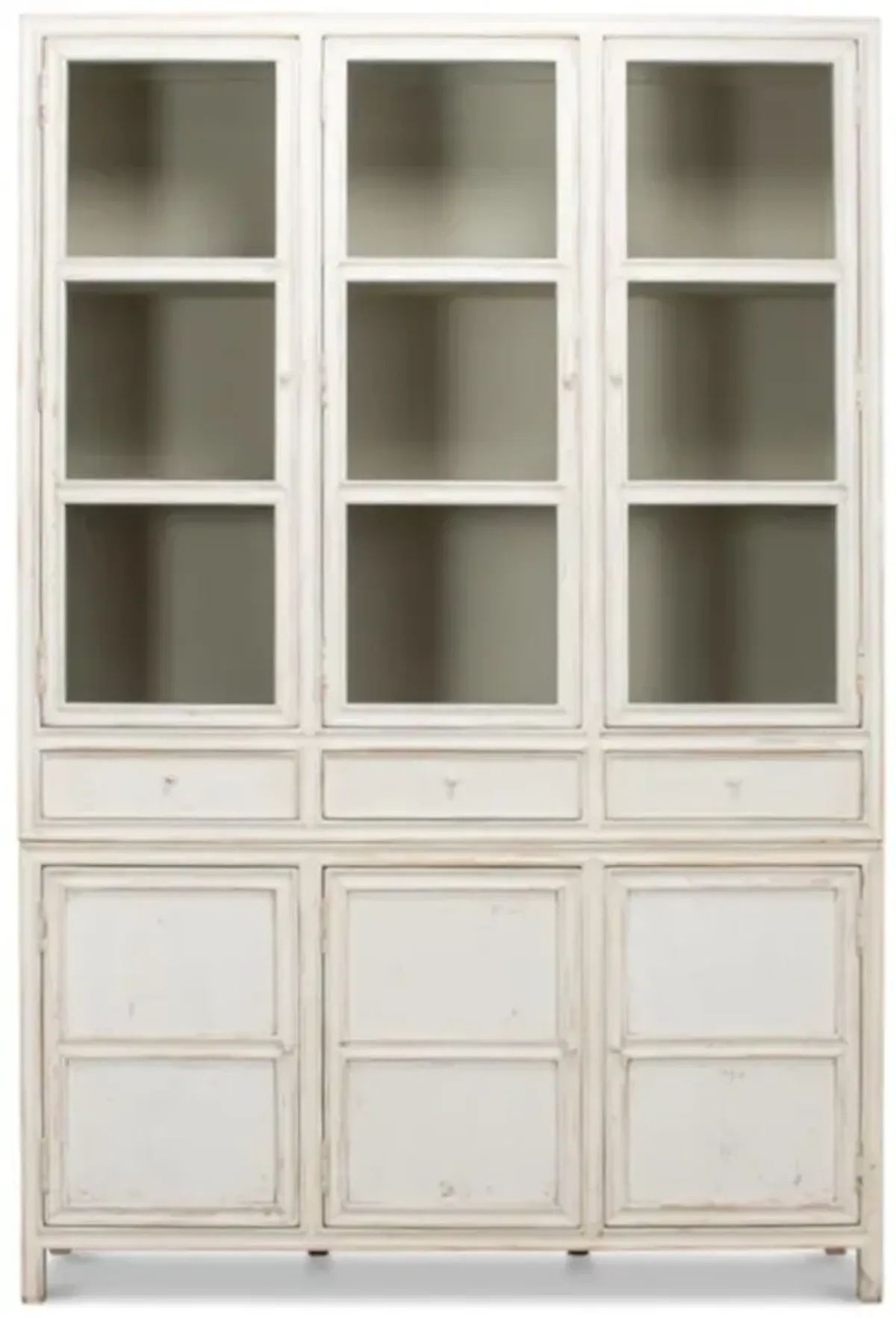 Amore French Country Distressed Clear Glass Door White Pine Wood Display Case