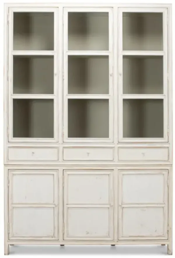 Amore French Country Distressed Clear Glass Door White Pine Wood Display Case