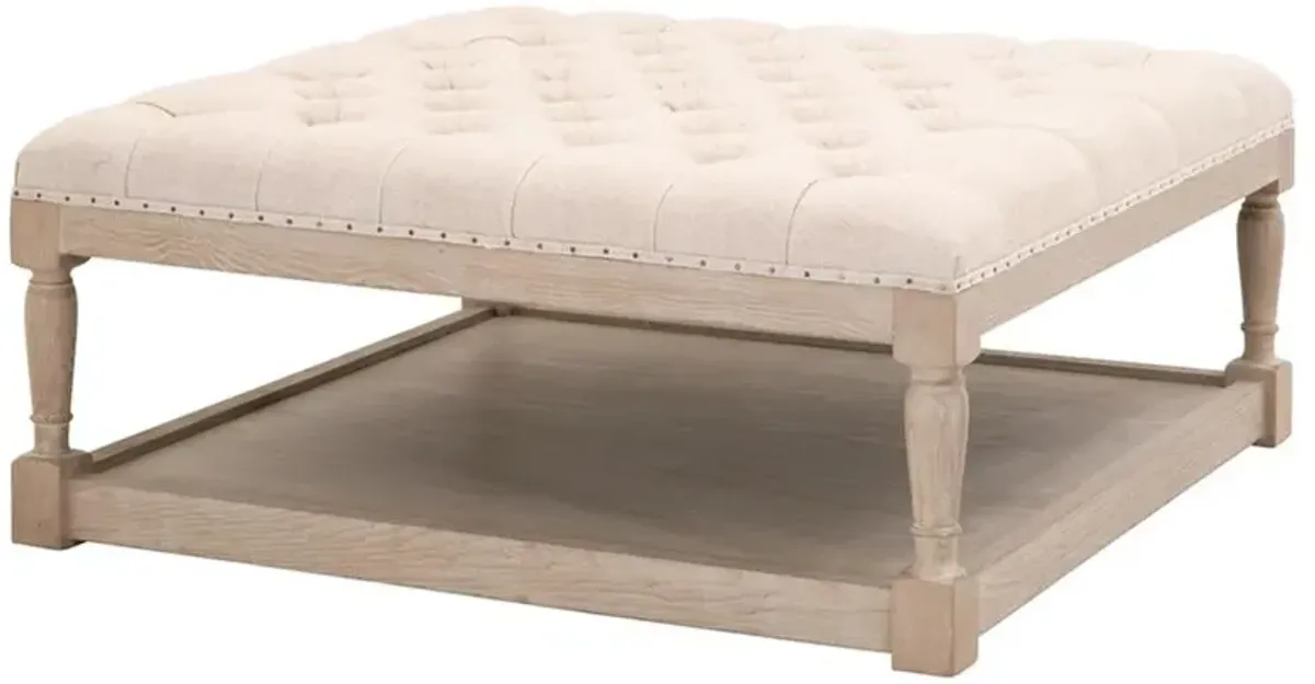 Alea Updated Traditional Beige Linen Tufted Wood Ottoman Square Coffee Table