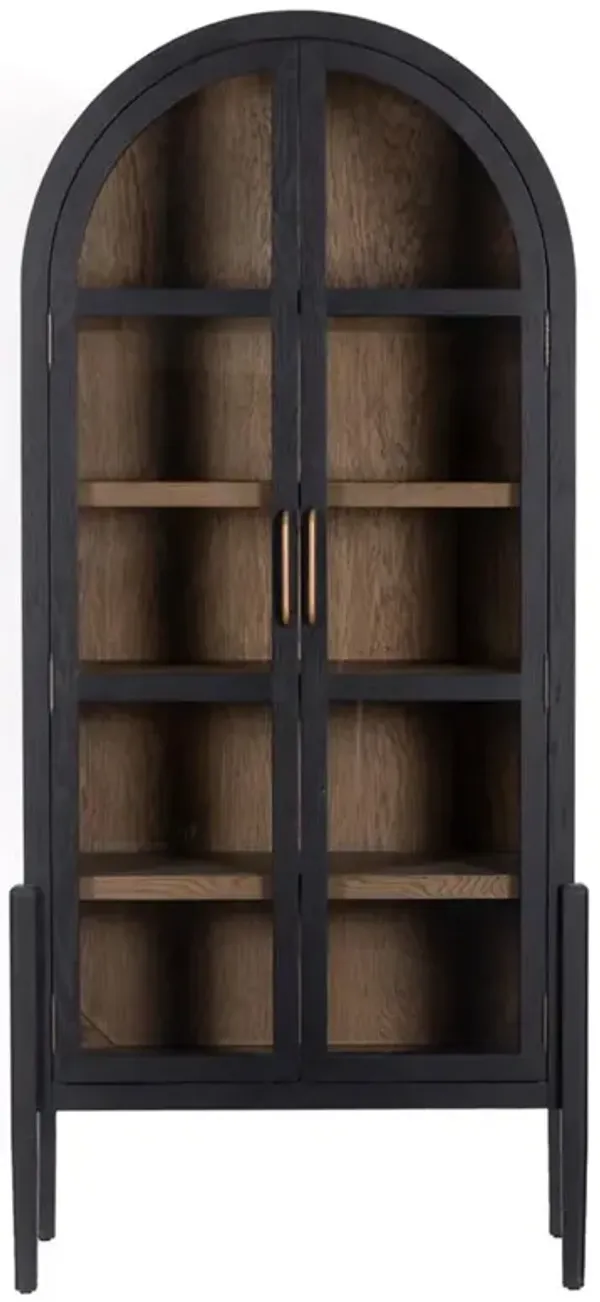 Ivan Mid Century Clear Glass Black Solid Oak Wood 2 Door Arched Display Case