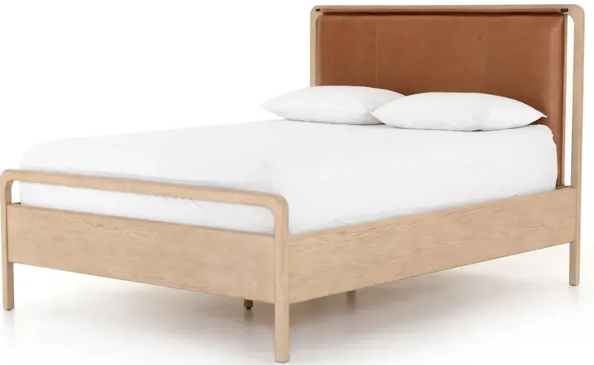 Matthew Modern Classic Brown Upholstered Leather Beige Oak Wood Bed - Queen