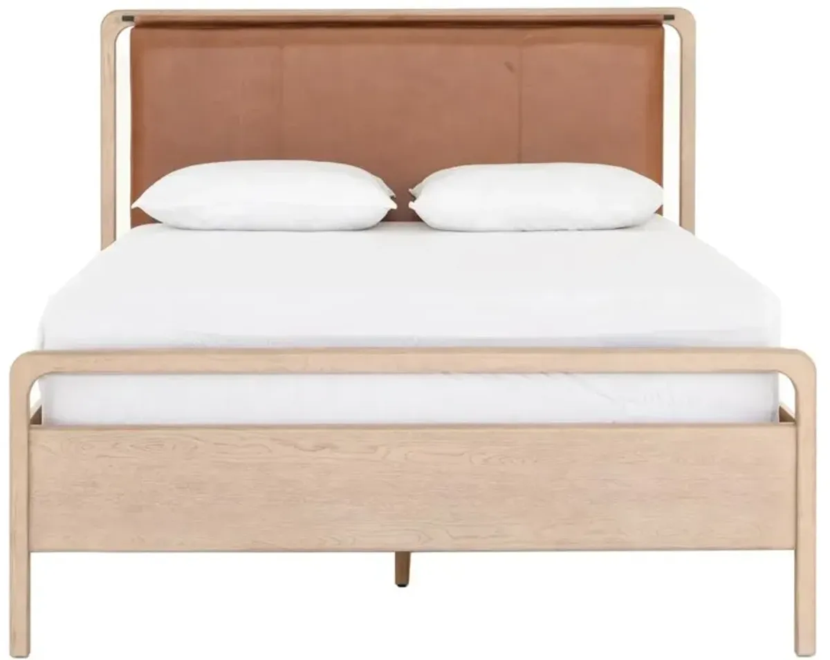 Matthew Modern Classic Brown Upholstered Leather Beige Oak Wood Bed - Queen