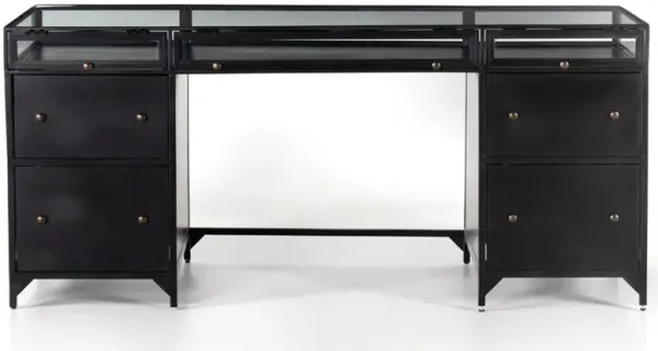 Katren Industrial Loft Black Iron Glass Shadow Box Top 4 Drawer Executive Desk