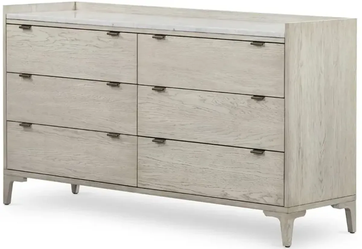 Vienna Rustic Lodge Beige Oak Wood Grey Marble Top 6 Drawer Double Dresser