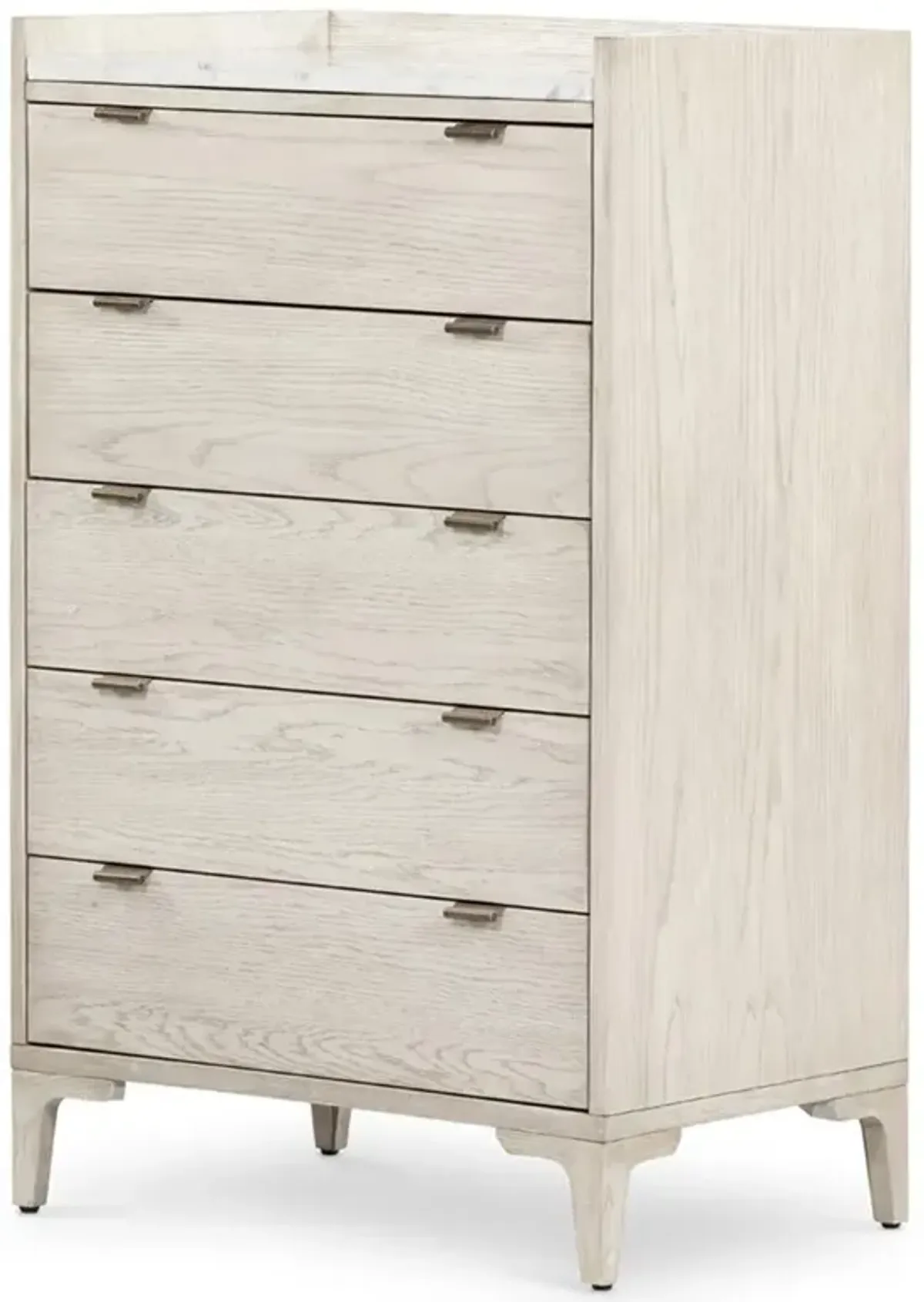 Vienna Rustic Lodge Beige Oak Wood Grey Marble Top 5 Drawer Tall Chest Dresser