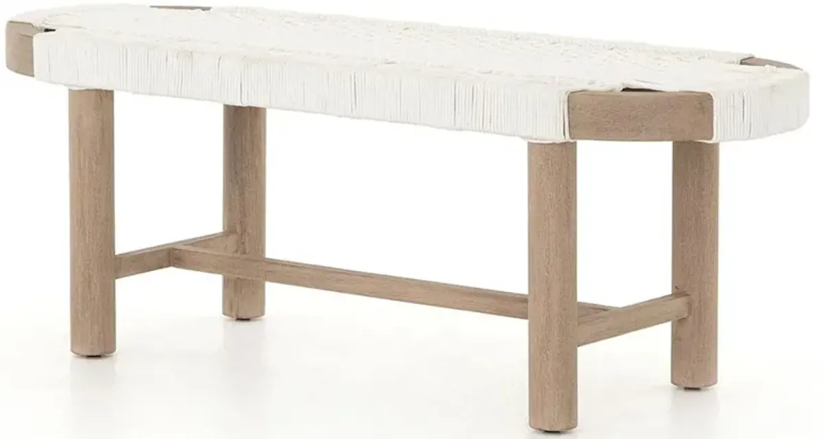 Summer Coastal Beach White Woven Rope Natural Teak Wood Outdoor Bench