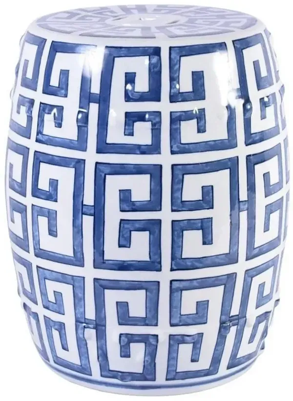 Cole Modern Classic Blue and White Porcelain Greek Key Outdoor Garden Stool
