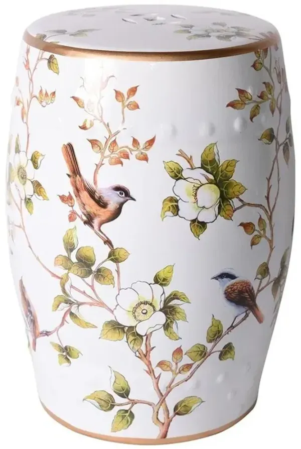Tristan Modern Classic White Porcelain Flower Birds Outdoor Garden Stool