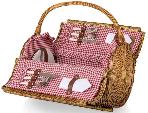Russell French Brown Willow Barrel Picnic Basket with Serverware for 2