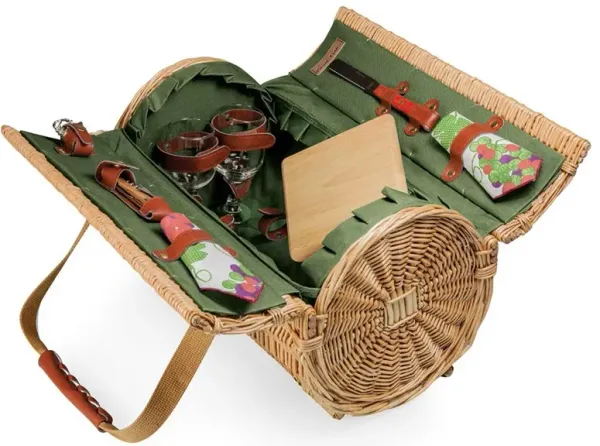 Kattie Rustic Brown Willow Green Lining Picnic Basket with Serverware for 2