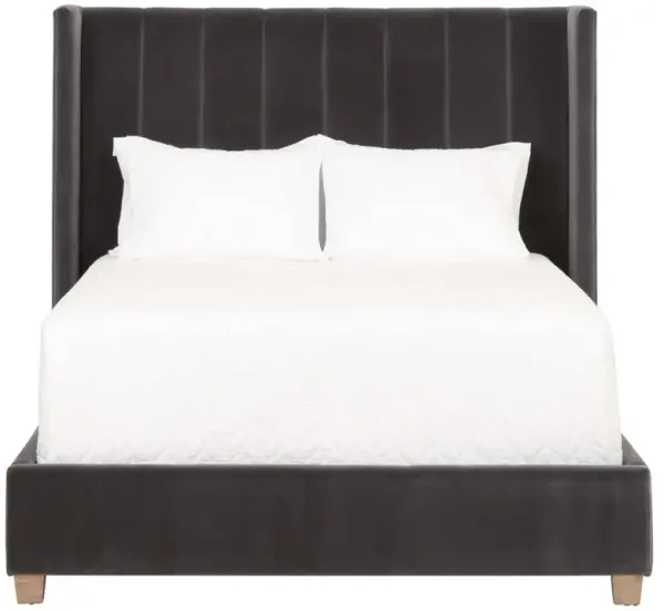 Charo French Dark Grey Upholstered Grey Oak Vertical Channel Wing Bed - Cal King