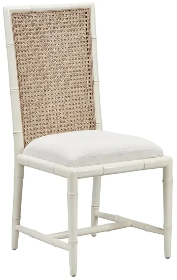 Blanca Coastal Beach White Performance Cream Mahogany Woven Cane Dining Chair