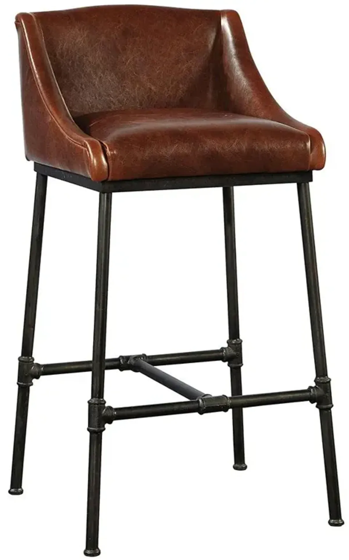 Andrew Modern Black Iron Frame Brown Upholstered Leather Cushion Bar Stool