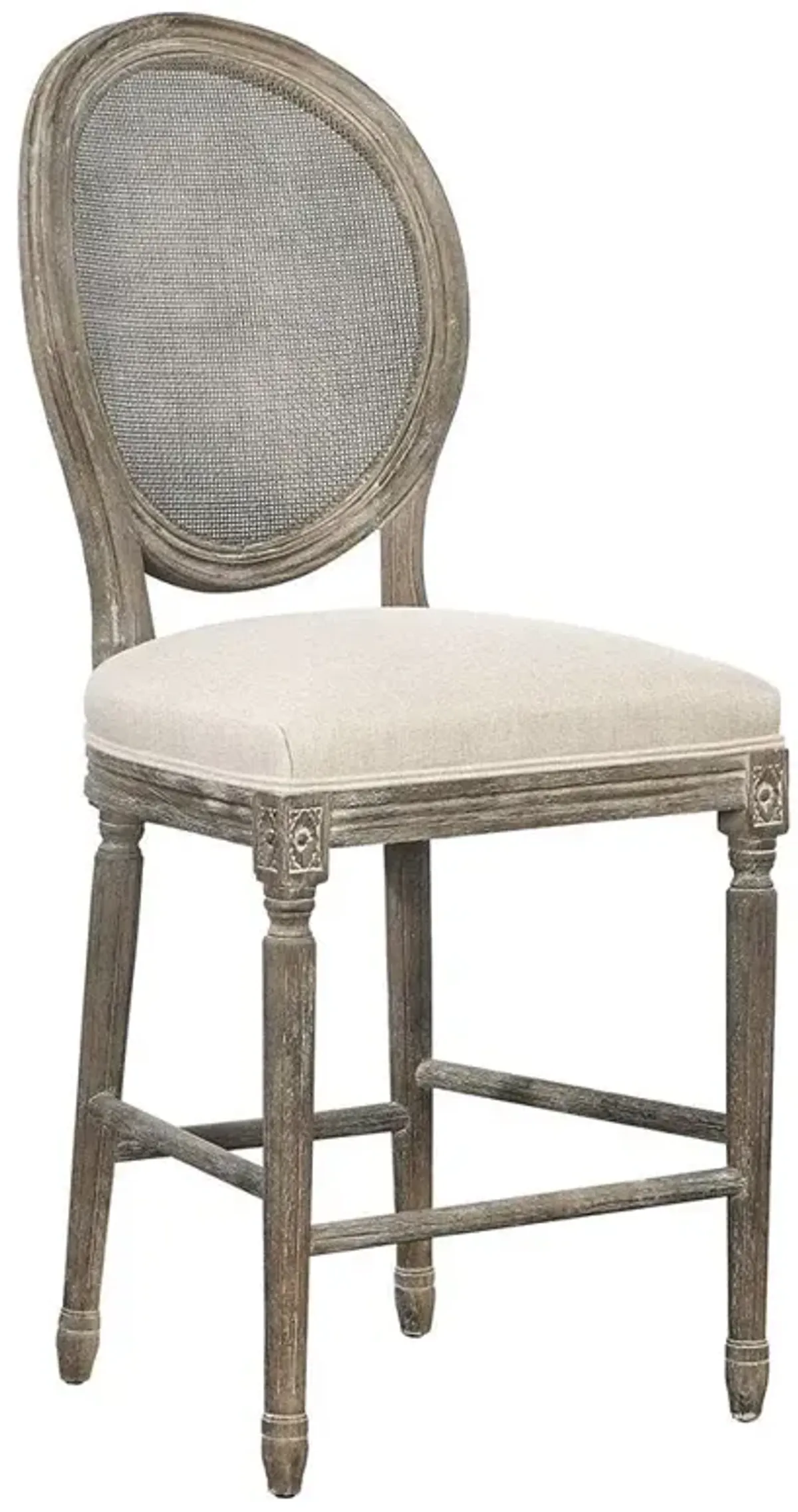 Georgi French Grey Wood White Upholstered Seat Cushion Rattan Back Counter Stool