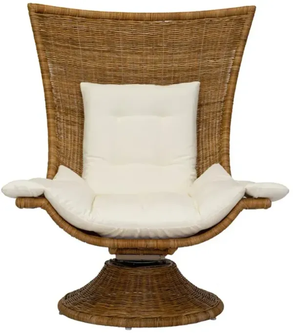 Quinn Coastal Rattan White Upholstered Swivel Chair with Cushion