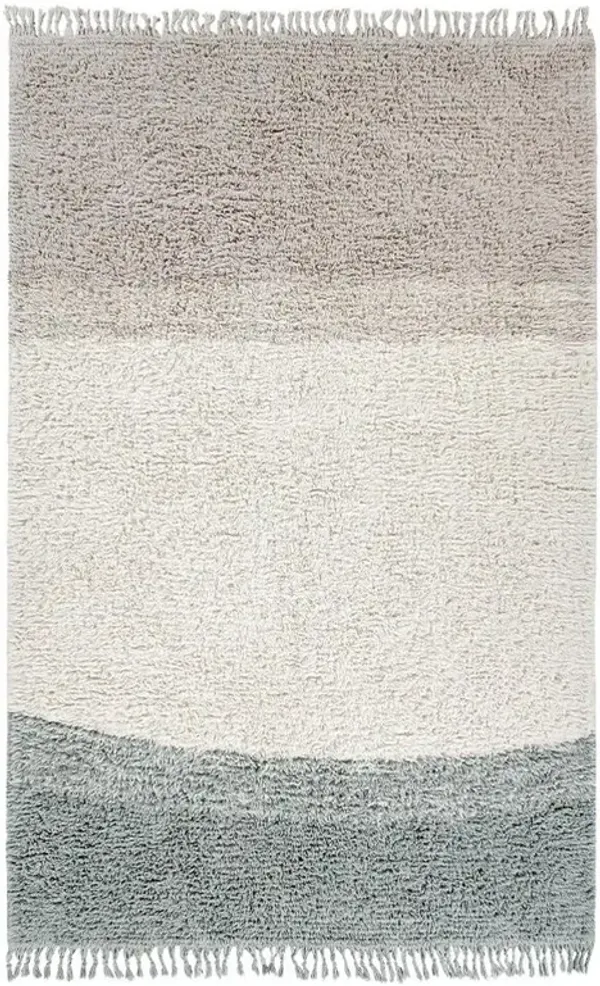 Into The Blue Modern White Wool Blue Shag Washable Rug - 6'7"x9'11"