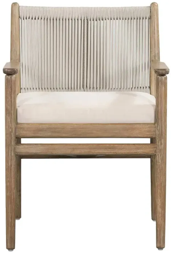Rose Coastal Off White Upholstered Seat Woven Rope Wood Outdoor Dining Arm Chair