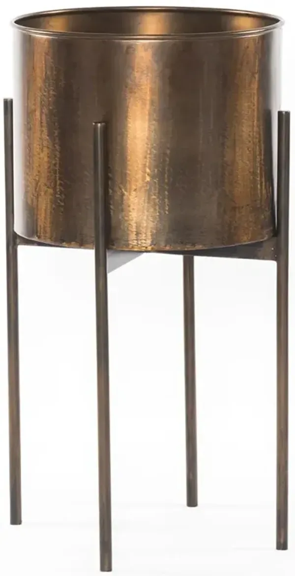 Jared Industrial Loft Brass Iron Brown Base Round Outdoor Planter - Small