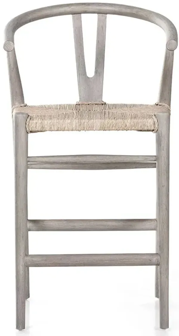 Wanda Mid Century Modern Grey Teak Woven Wicker Seat Wishbone Outdoor Counter Stool