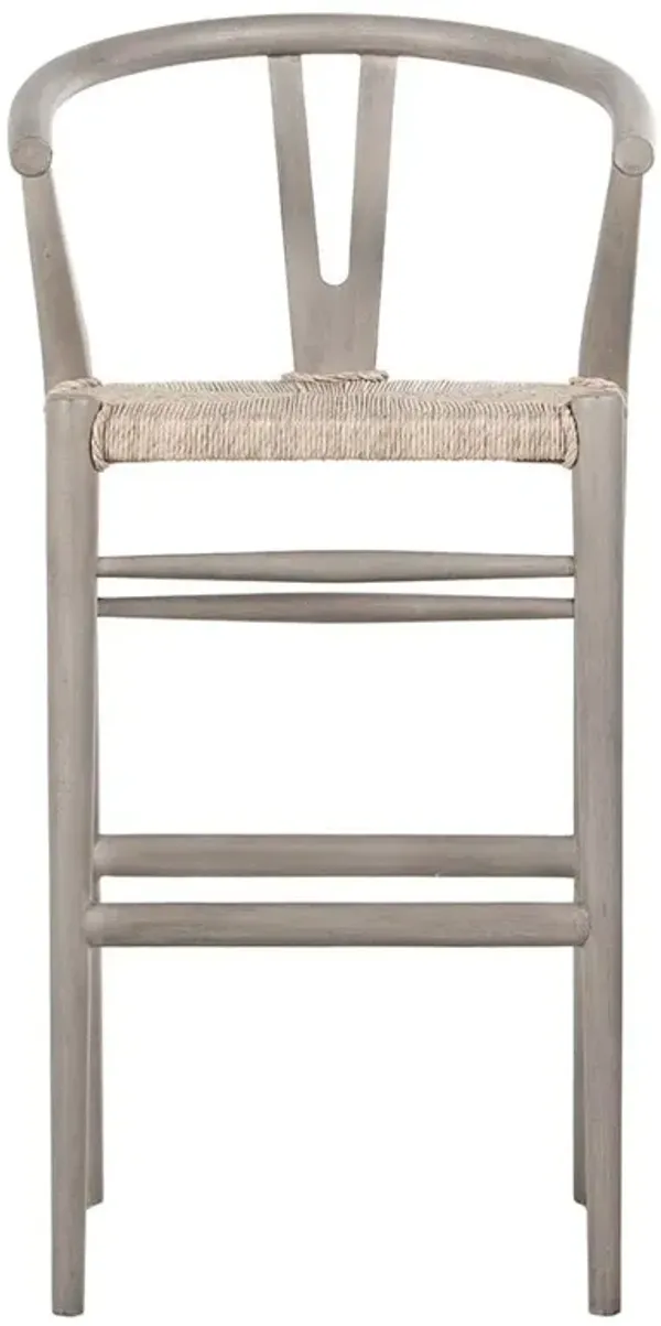 Wanda Mid Century Modern Grey Teak Woven Wicker Seat Wishbone Outdoor Bar Stool