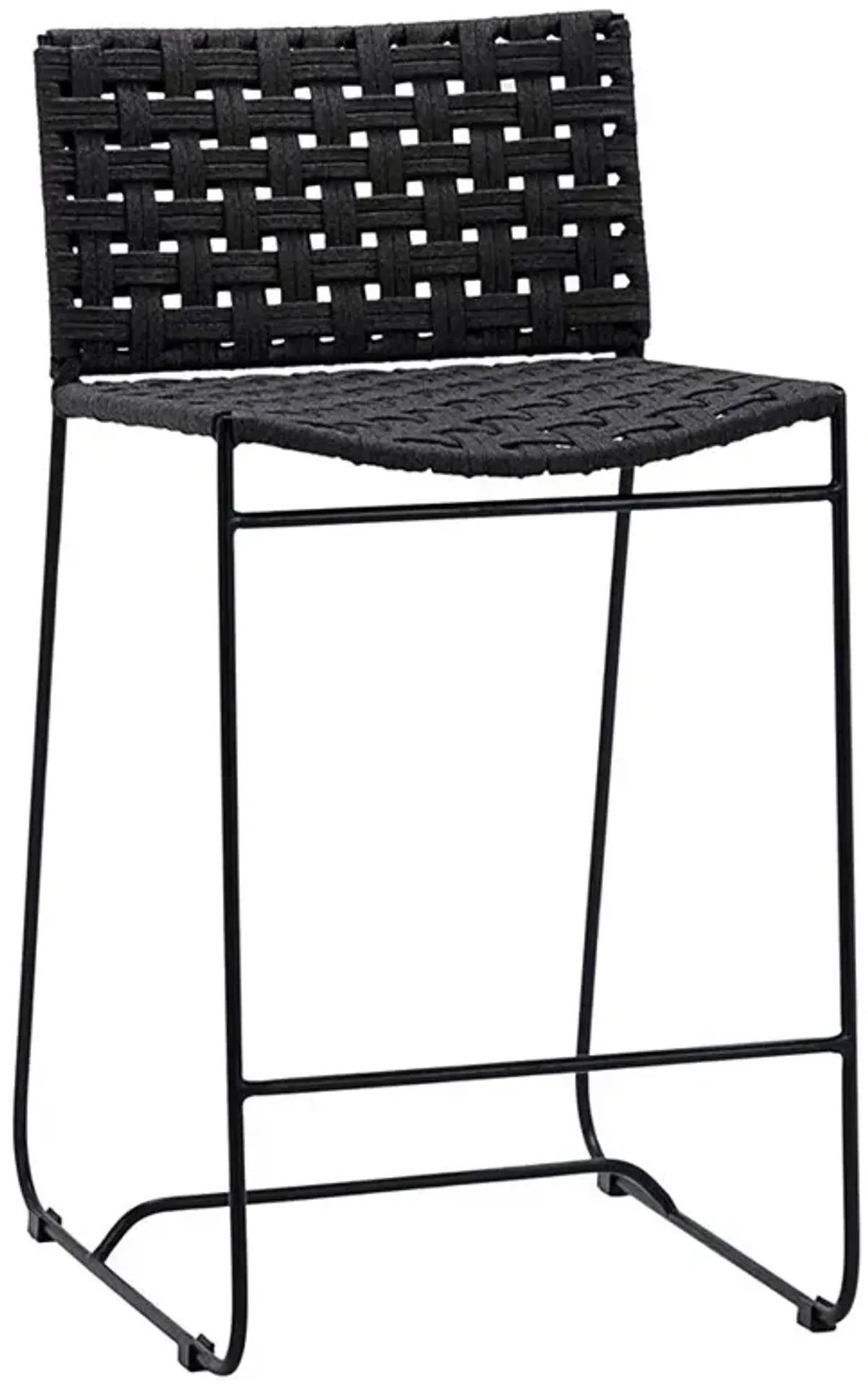 Clint Coastal Beach Black Woven Rope Seat Black Iron Frame Outdoor Counter Stool